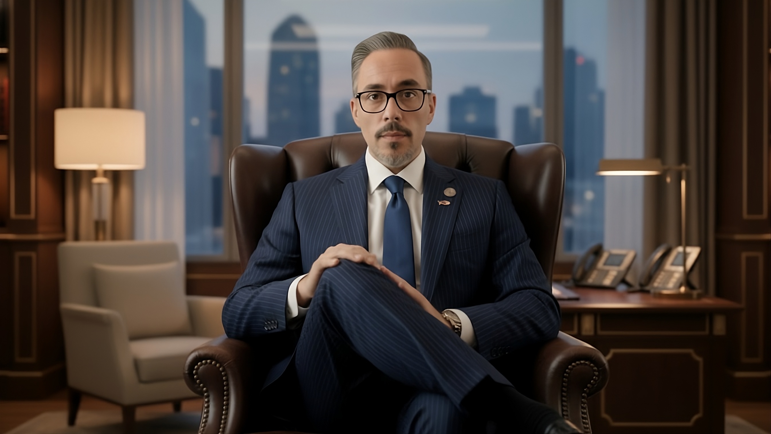 A business leader in a modern office looking out a window.