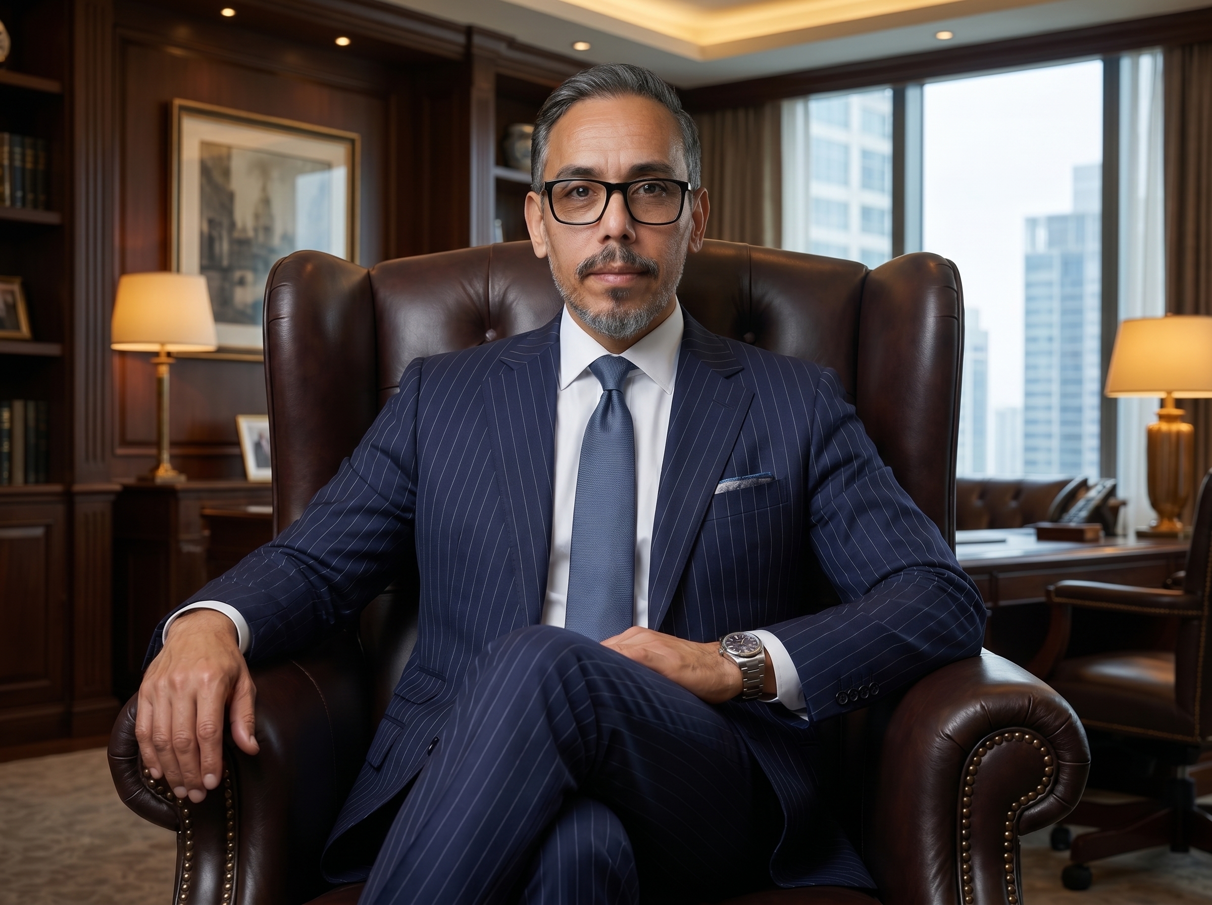 A business leader in a modern office looking out a window.